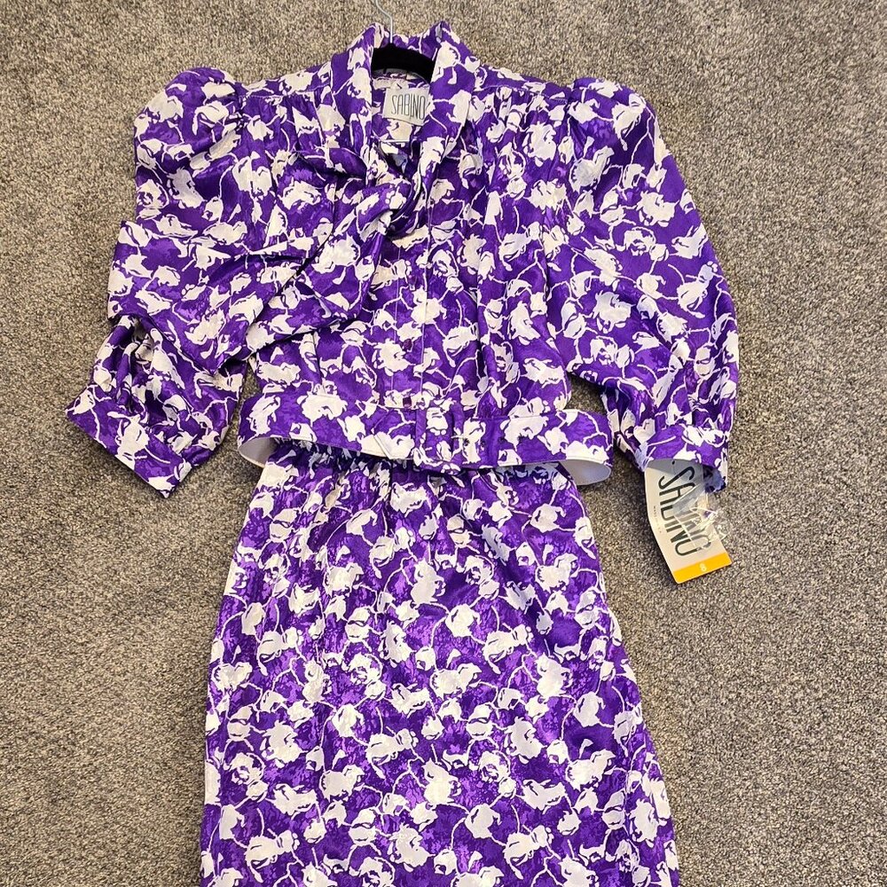 Vintage NWT Sabino Purple Floral Dress, Size 8, Matching Belt, Retro
